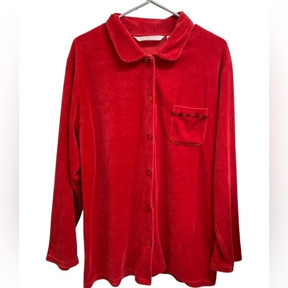 VTG Victoria Secret Country Red Velour Rose Detailed Button-up Shirt SZ L - Picture 1 of 5